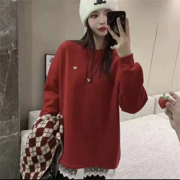 【巴韩】玲姐家6689时尚百搭韩版韩洋气小爱心刺绣蕾丝花边宽松卫衣