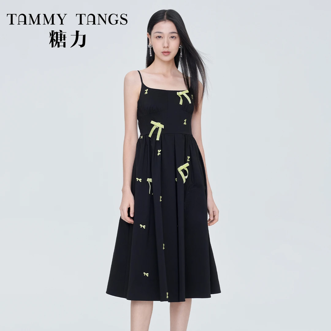 【老板娘夏天】糖力撞色蝴蝶结刺绣吊带连衣裙女夏季显瘦中长款裙子