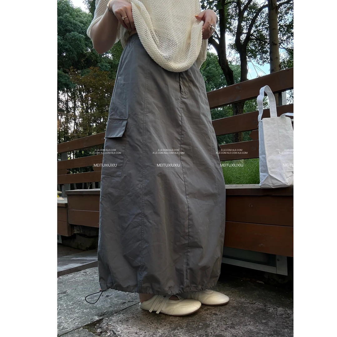 【阿乐家】大码微胖”机能工装“下摆抽绳大口袋设计工装半身裙