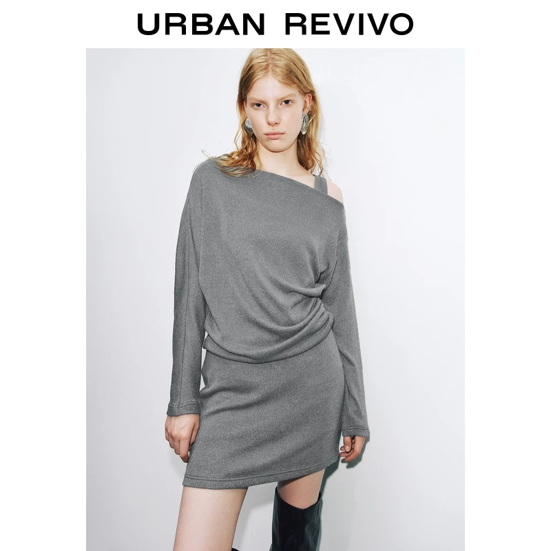 UR2025秋季新款女装潮流单侧露肩斜肩领褶皱连衣裙UWJ750092+