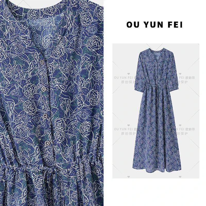 长裙夏季长款蓝色v领碎花连衣裙印花春夏辣妈清HZ1070