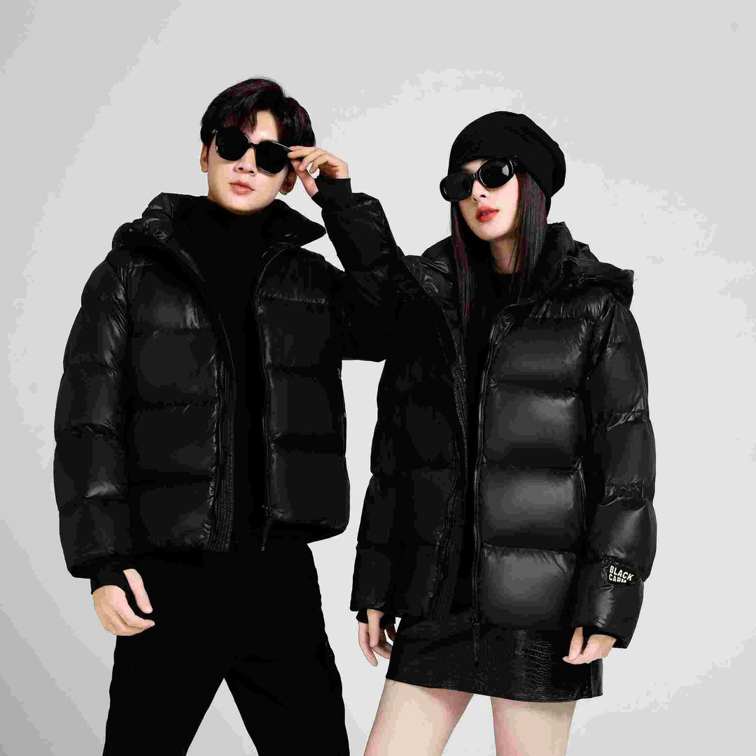 【哑光】男女同款白鸭绒黑金连帽短款宽松保暖冬衣HJ-001