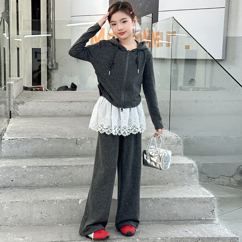 女童撒银连帽开衫屁帘裤套装女孩中大儿童韩版气质蕾丝洋气时尚