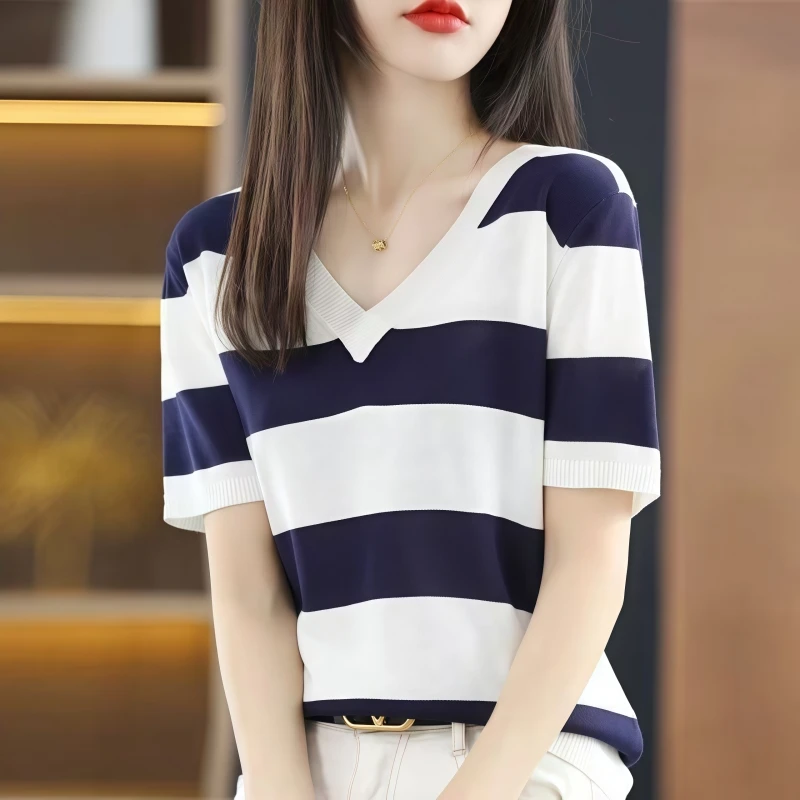 V领宽松条纹拼色麻感冰丝短袖T恤2025夏季新款内搭休闲打底上衣