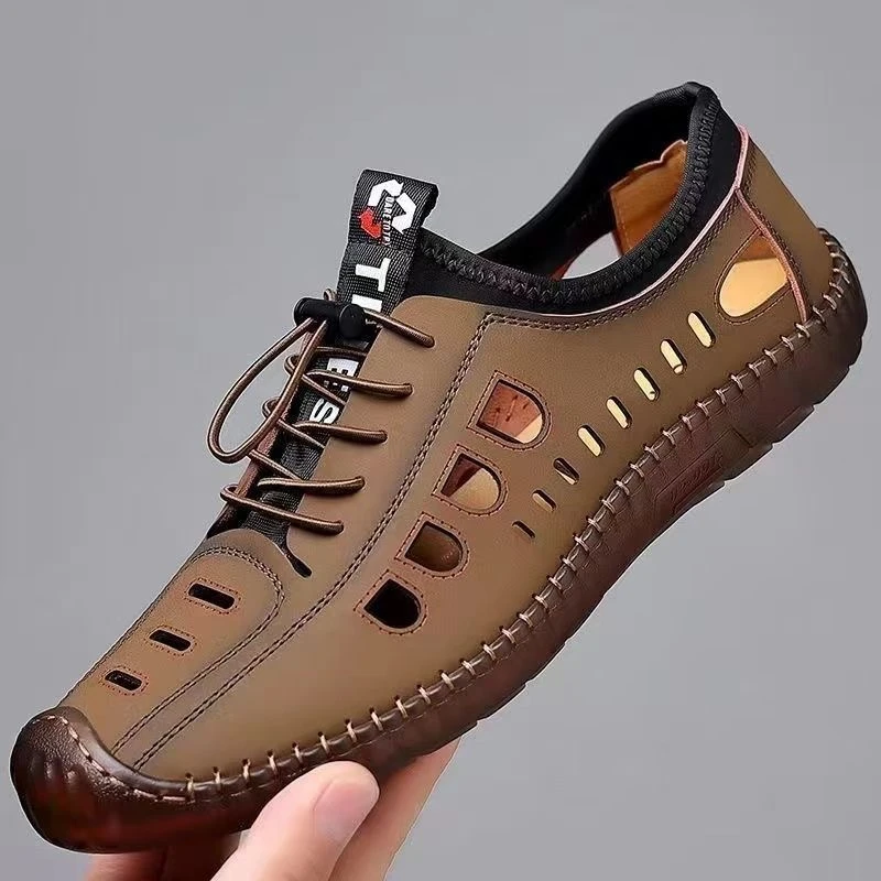 新款夏季凉鞋沙滩户外皮鞋男镂空洞洞软底透气休闲鞋开车鞋