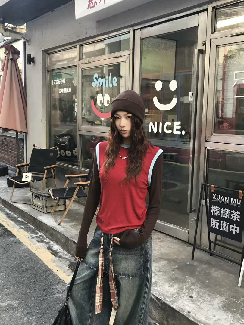 唐火火【撞色拼接】秋款新款别致独特假两件撞色拼接内搭打底上衣