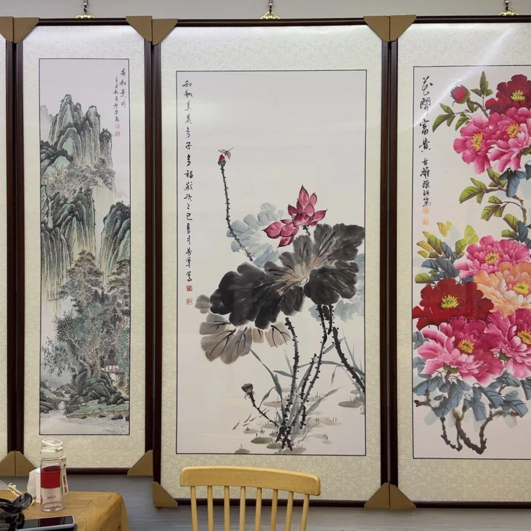 国画荷花图和和美美多子多福四尺成品画框174×84