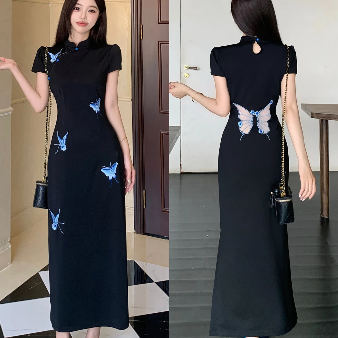 大码胖mm蝶梦令2025夏季新中式镂空网纱蝴蝶刺绣气质连衣裙裙子女