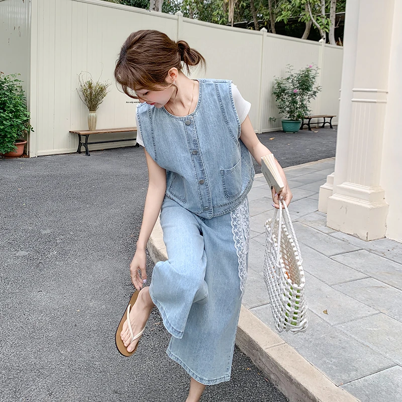 减龄时尚牛仔马甲阔腿裤套装女夏ootd穿搭减龄三件套今年流行