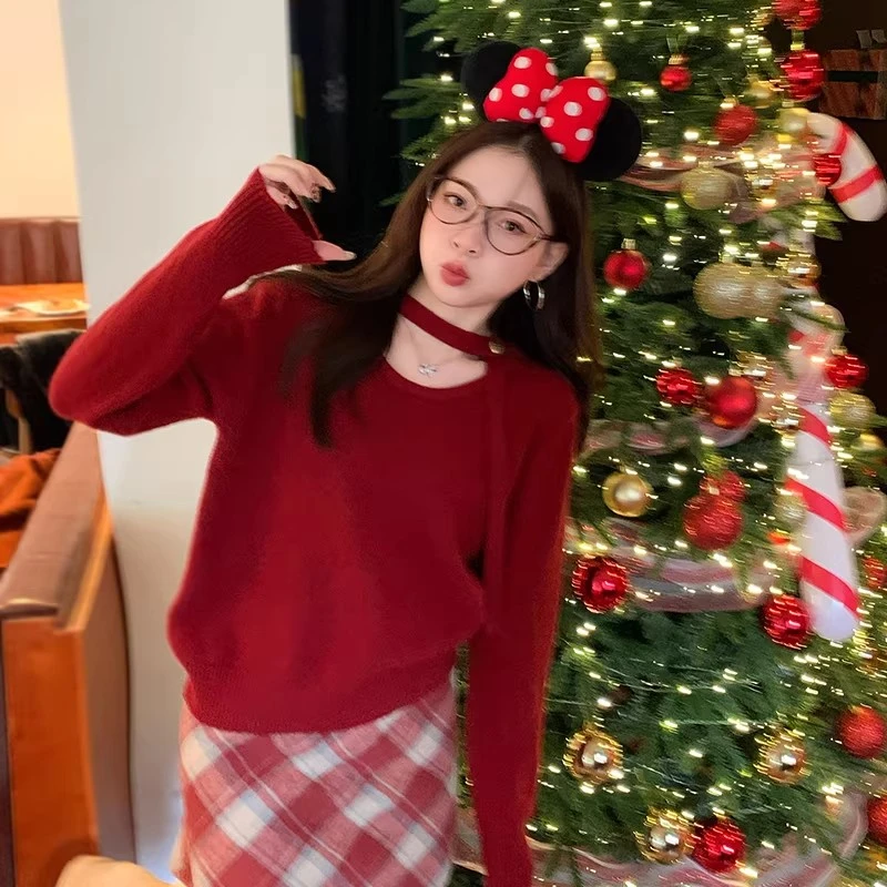 本命年红毛衣女内搭可外穿法式高级感挂脖针织衫别致独特小上衣
