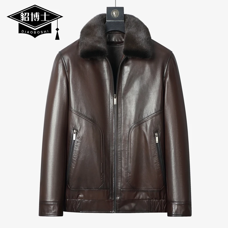 貂博士头层山羊皮皮衣男真皮翻领短款可脱卸水貂整貂内胆休闲外套