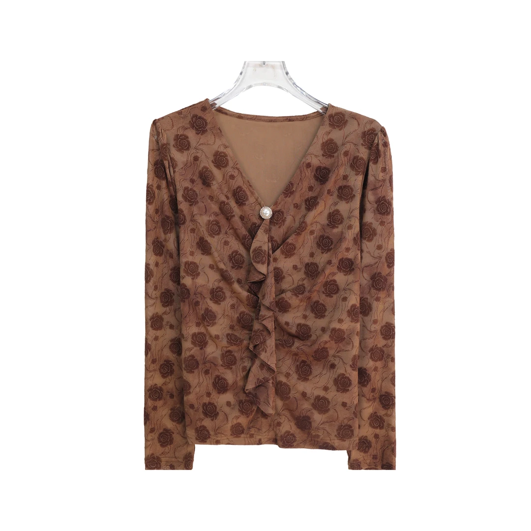 法式复古碎花V领长袖衬衫收腰不规则上衣S3602