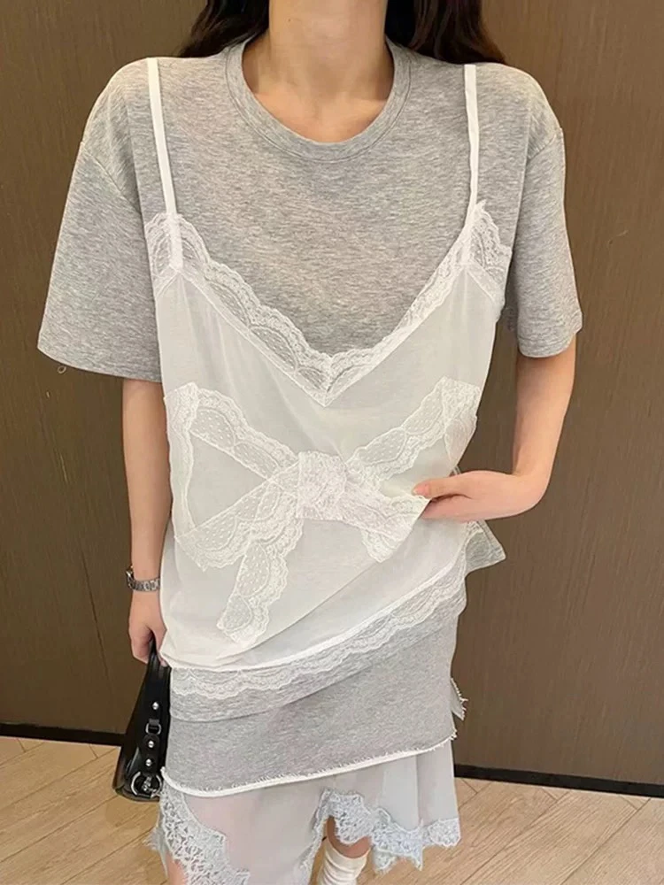 欧货蕾丝蝴蝶结假两件上衣7080