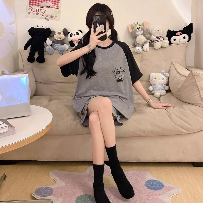 睡衣女夏季短袖薄款可爱休闲圆领宽松大码胖mm孕妇家居服两件套装
