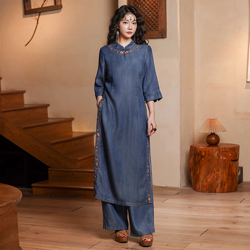 【可可原创】新中式2025春绣花牛仔立领旗袍上衣女长裤套装A82725
