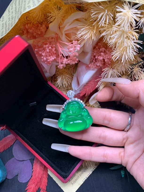 新品s925银绿玉髓佛公吊坠