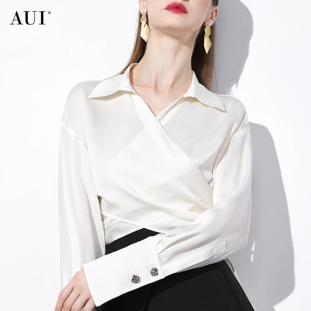 【诗语专属】AUI白色御姐气质POLO领衬衫修身长袖衬衣-23Q052900