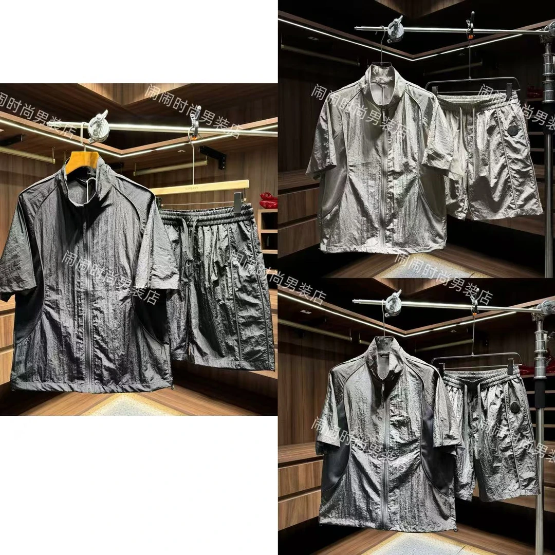 6626夏季新款高级感潮流拼接镂空网眼设计透气速干工装风套装