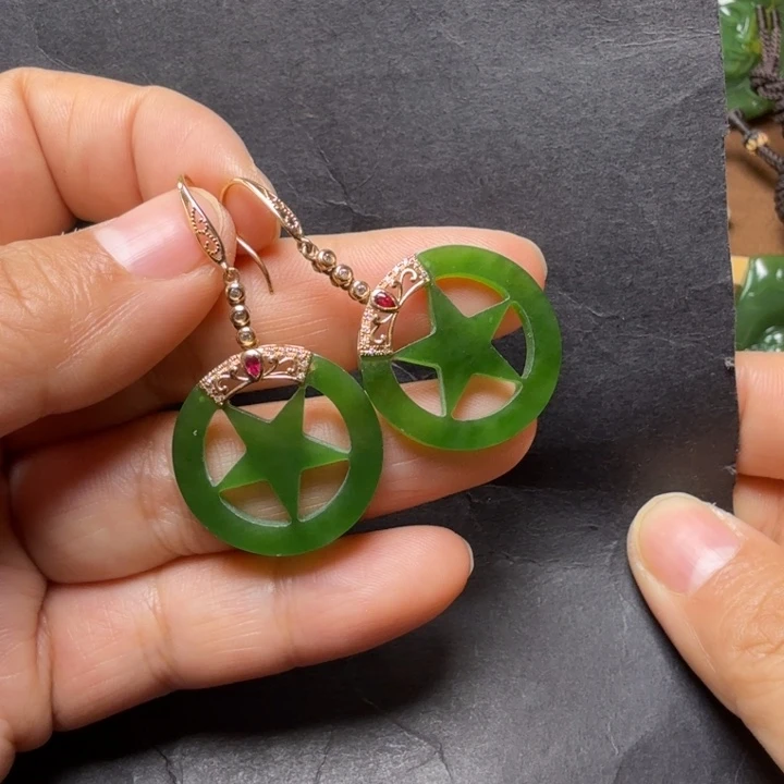 和田玉（碧玉）18K金镶嵌耳饰