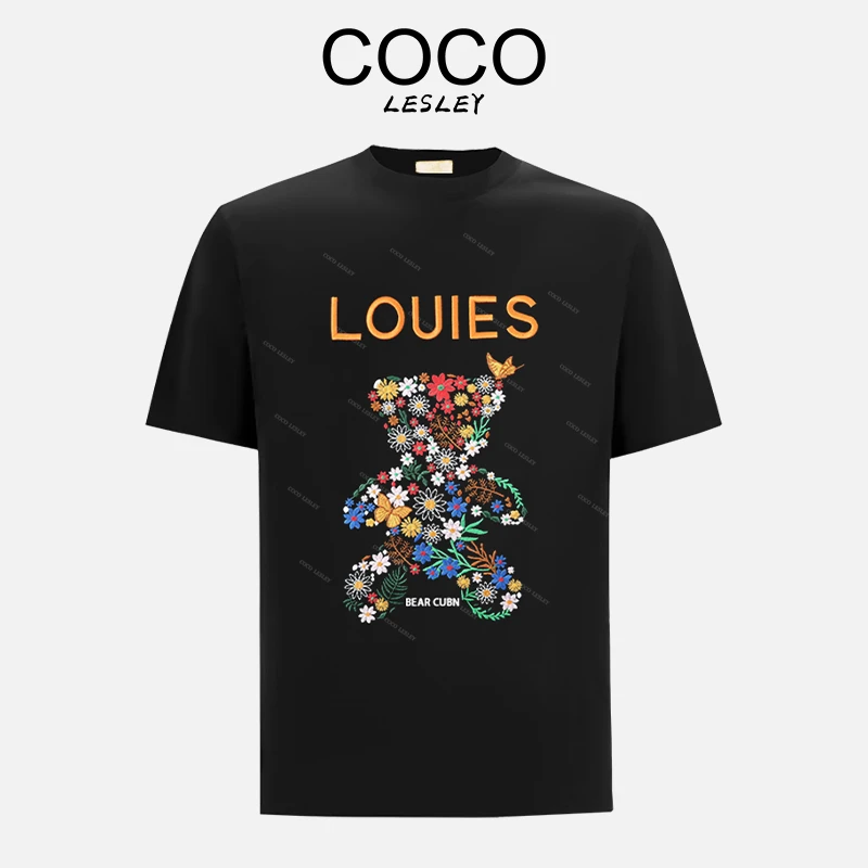 【高定服饰】花卉小熊绣花纯棉短袖休闲夏季圆领T恤