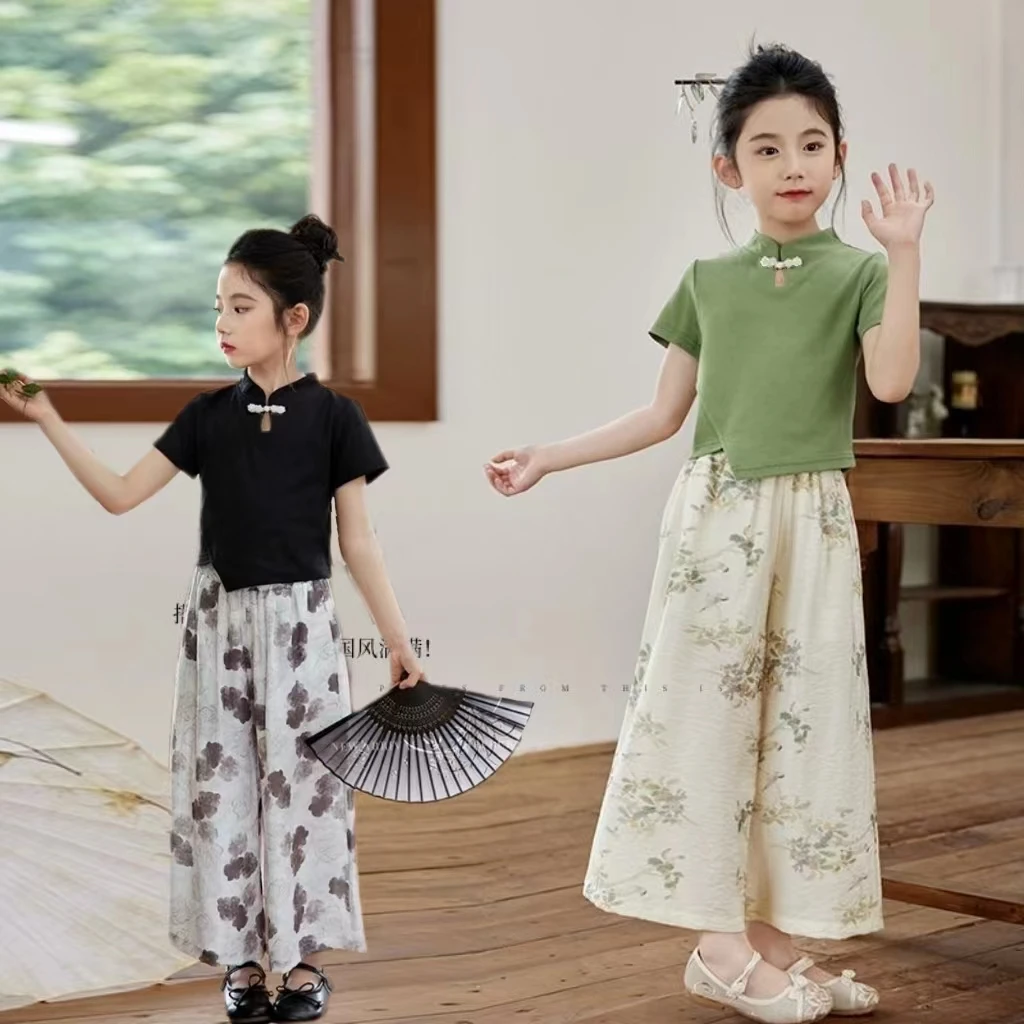 【现货】女童国风短袖T恤阔腿裤套装夏款盘扣新中式中国风复古套装