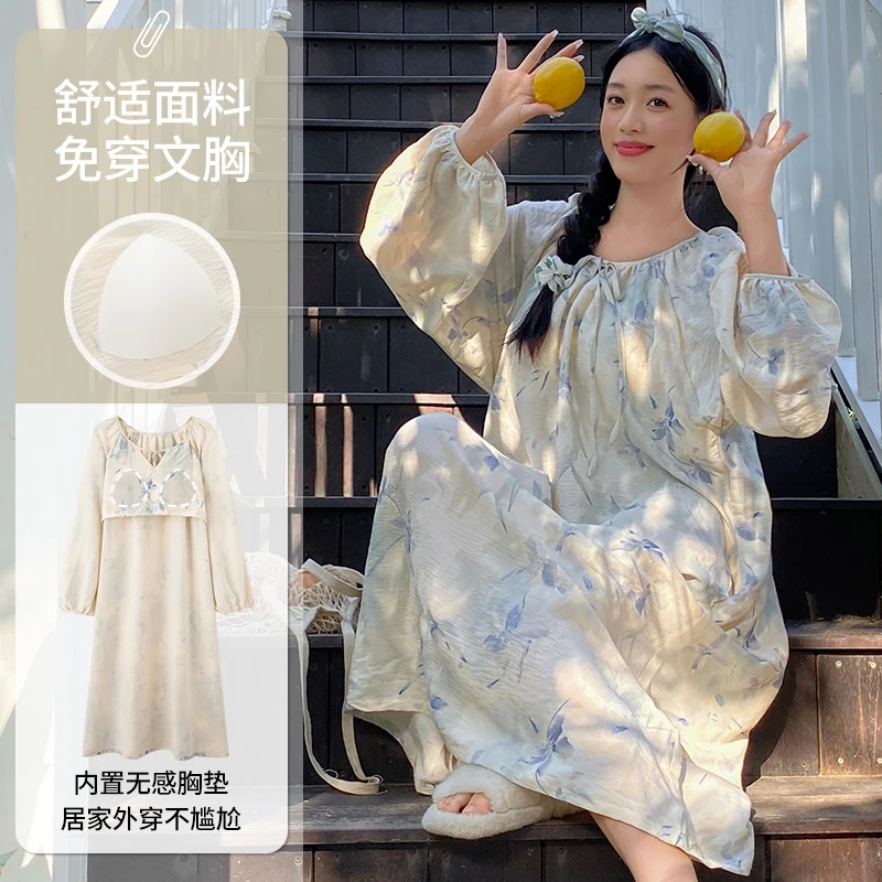 免穿带胸垫睡衣女睡裙春秋季长袖居家服2025年新款网红爆款家居服