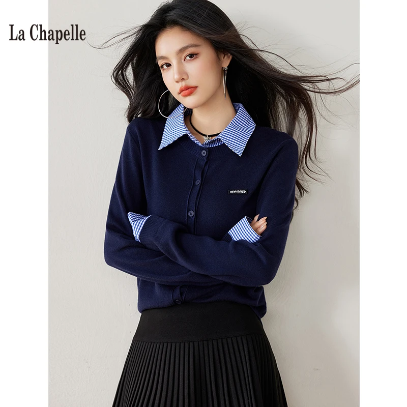 拉夏贝尔polo领长袖T恤女2025春季新款时尚拼接撞色宽松休闲上衣