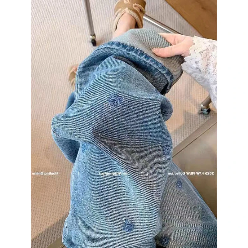 蓝色刺绣烫钻窄版阔腿牛仔裤女秋季新款高腰宽松显瘦百搭直筒裤子