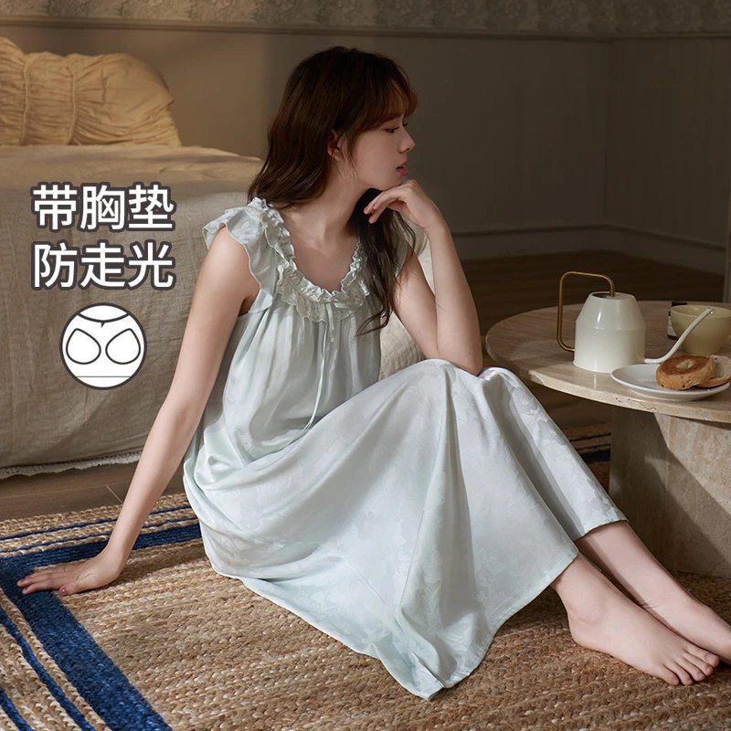 马克公主夏季冰丝带胸垫睡裙无袖背心甜美风清新宽松凉感睡衣长裙