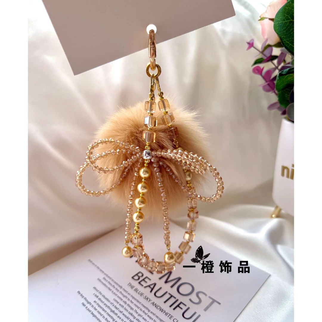 【香槟色】蝴蝶结【毛球款】轻奢高级感K9晶晶手机挂件手机链钥匙链
