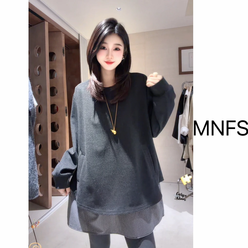 [麦霓定制]圆领卫衣拼接衬衫带口袋上衣2796