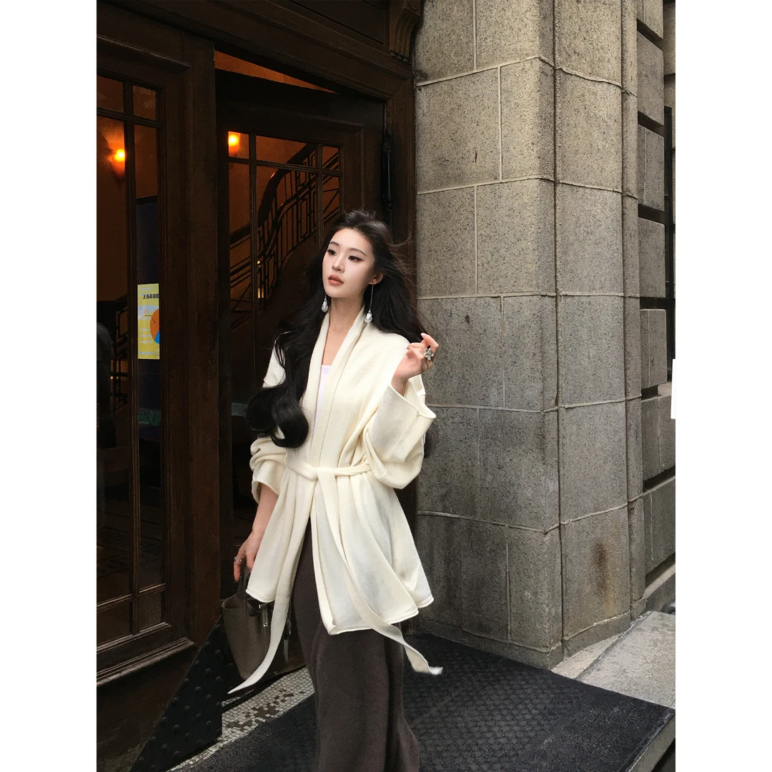 ICELOLLY牦牛绒羊毛绑带针织衫开衫外套女巨好看的早秋穿搭慵懒风