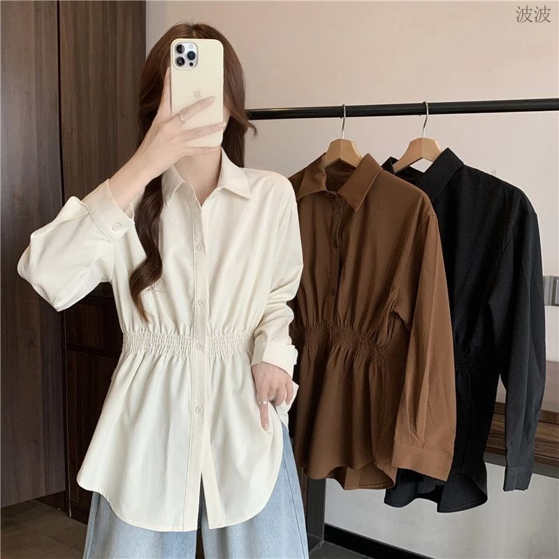 【店铺热销】大码polo领长袖港风收腰衬衫春秋2025新款女装胖mm夏季