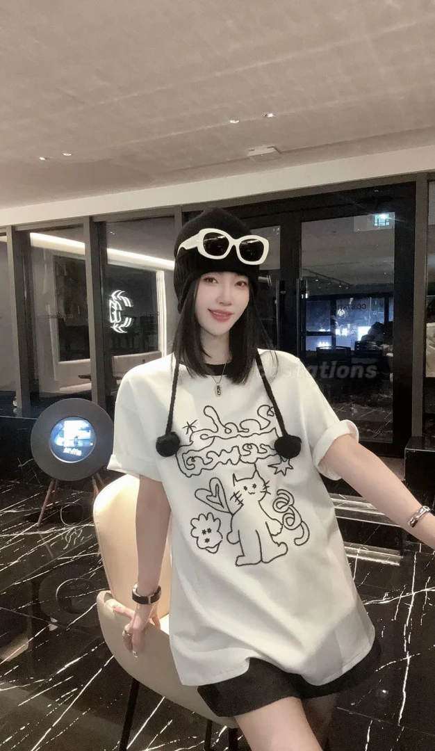 妒媚#10102春季福利重工艺猫咪短袖上衣，衣长：70cm