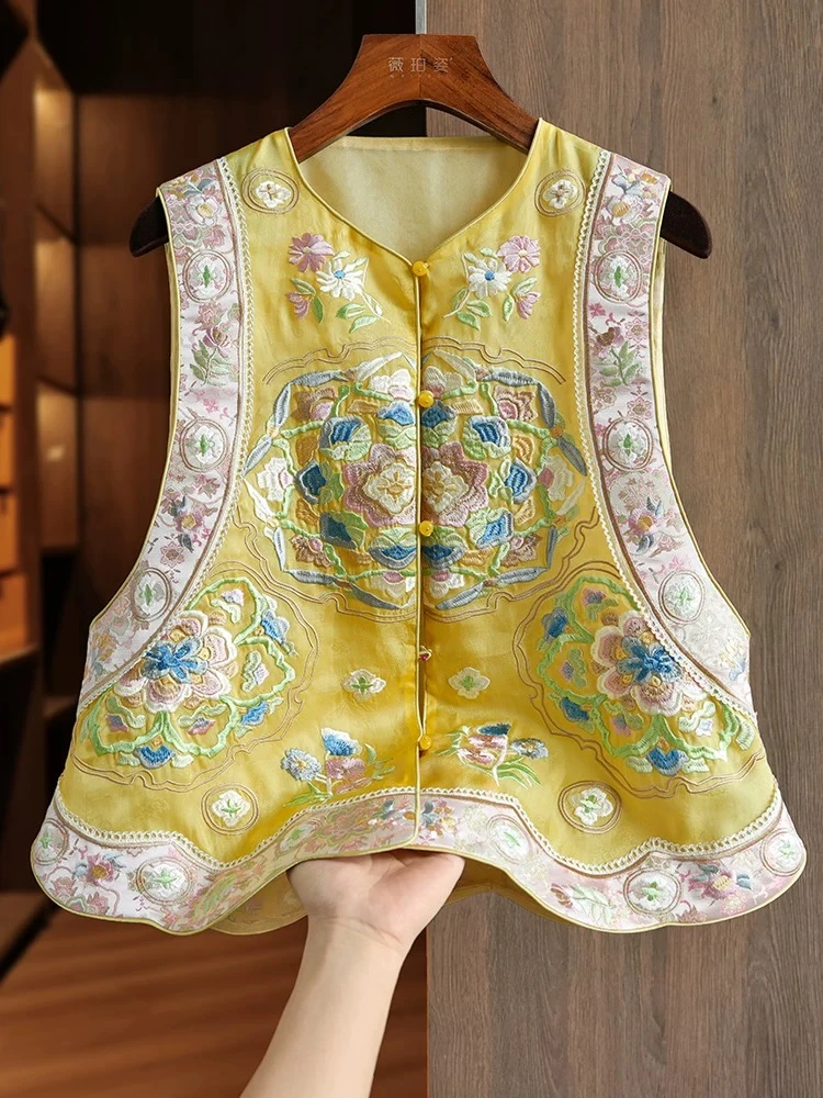 桑蚕丝深圳高品重工刺绣新中式马夹马甲女