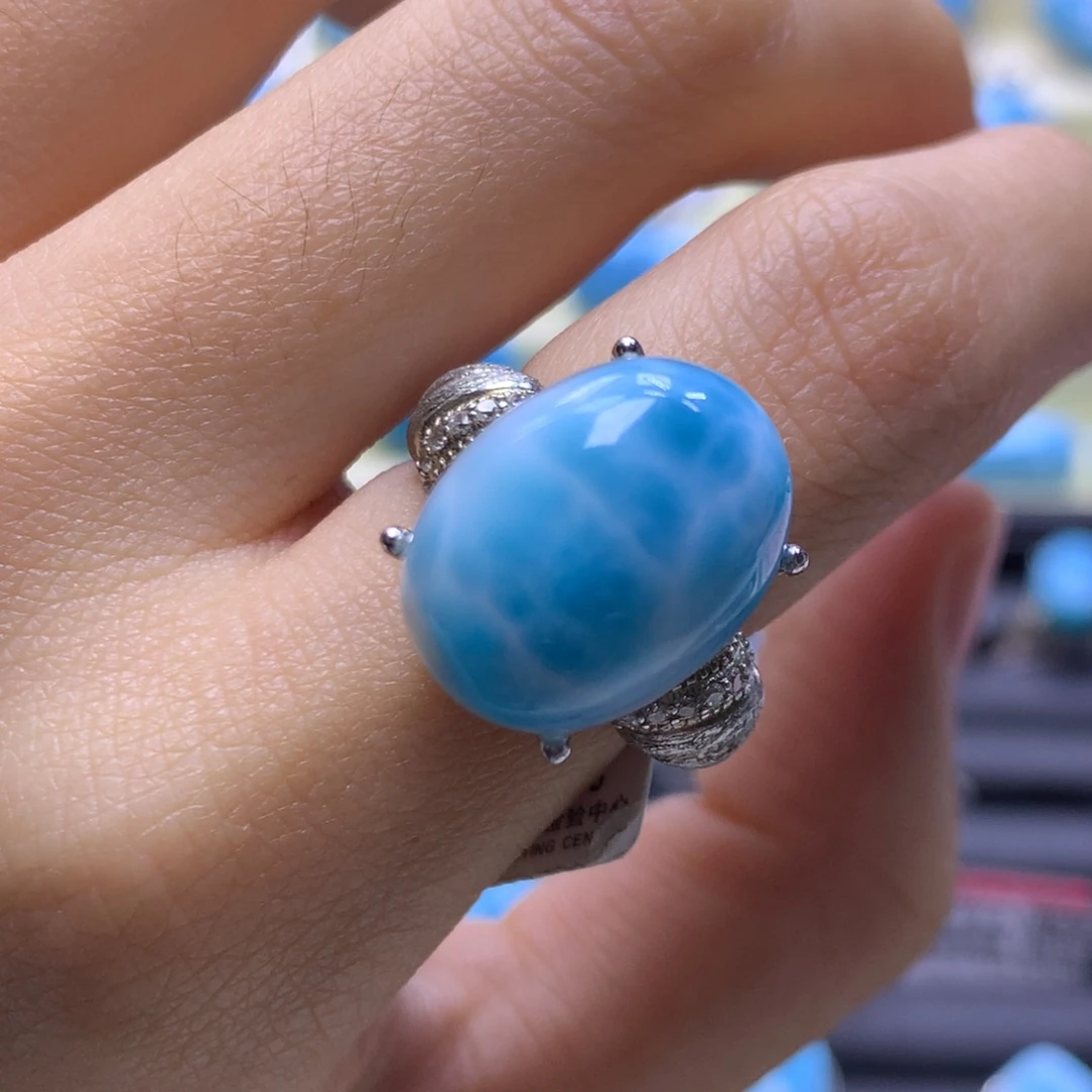 针钠钙石（海纹石）银S925镶嵌戒指蛋面戒指色差略异