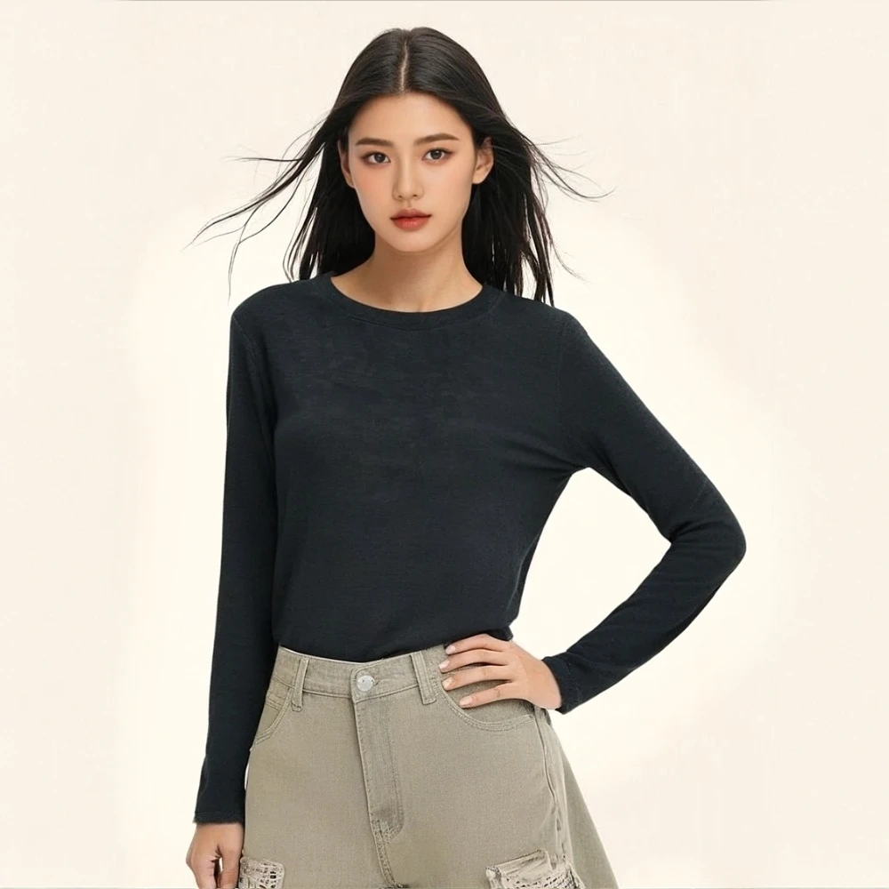 天丝羊毛 圆领针织衫女士显瘦高弹纯色长袖秋冬保暖修身打底衫T恤