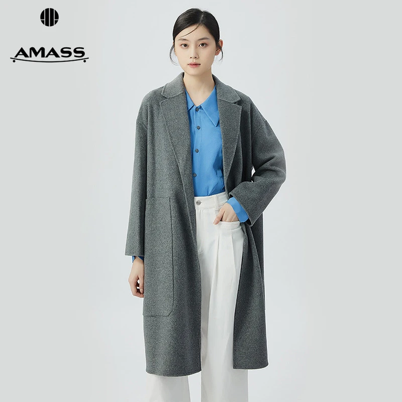 阿玛施AMASS新款热感力大口袋纯羊毛中长双面呢长袖外套女5400252