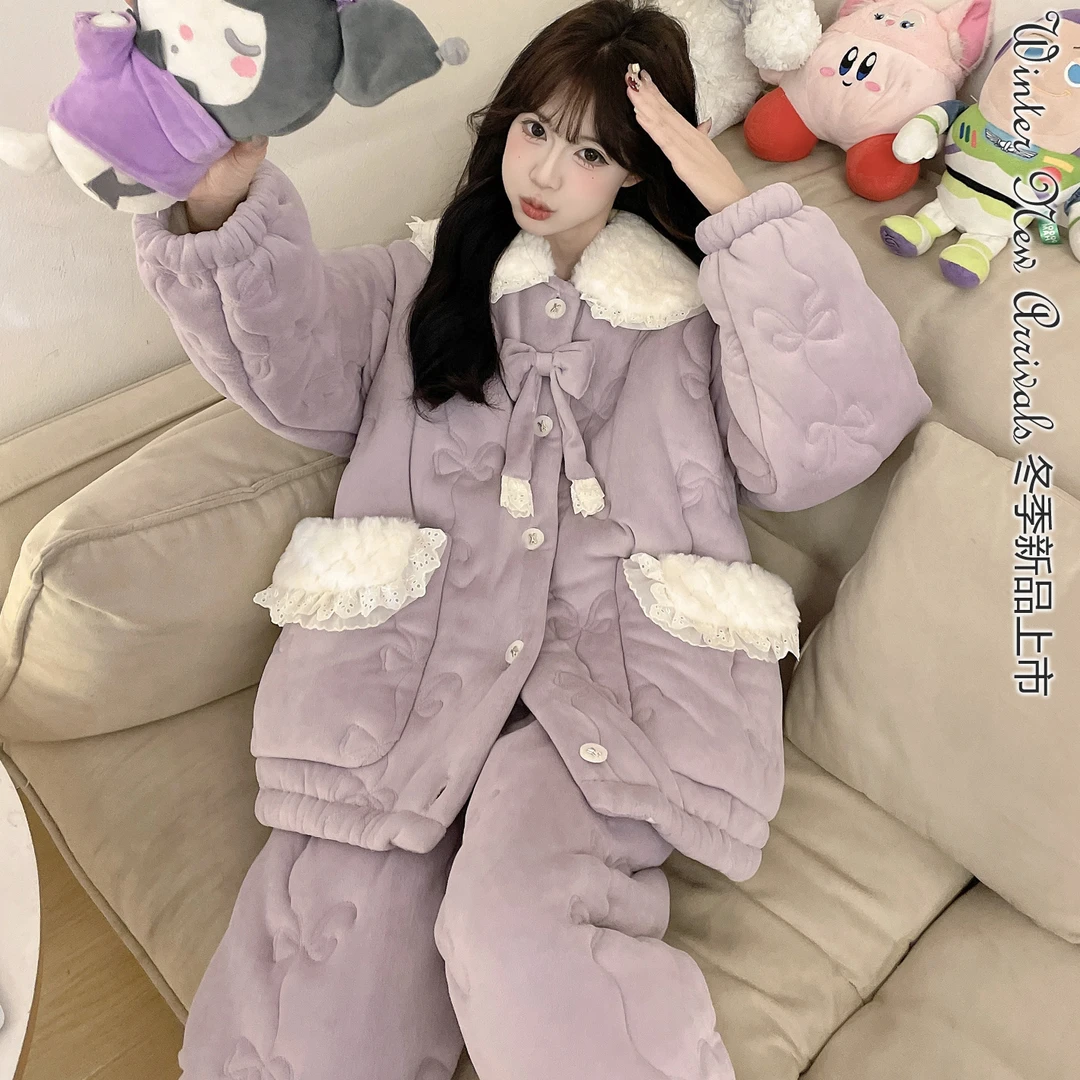 【H8778紫色女冬季新款夹棉睡衣】三层加厚加绒夹棉睡衣套装可外穿