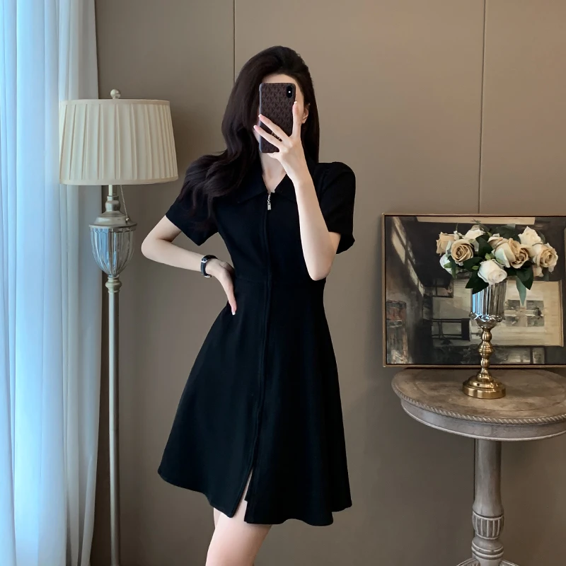 黑色赫本风休闲连衣裙女夏新款收腰显瘦气质小个子超好看a字裙子