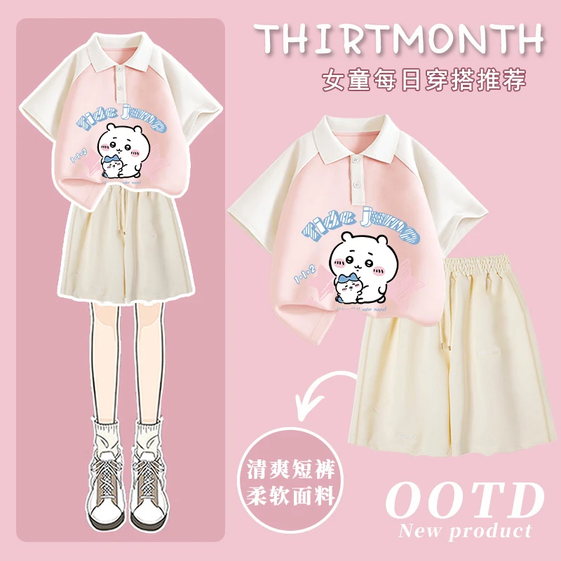韩系小八印花女童夏季polo衫短袖短裤套装时尚休闲中大童两件套