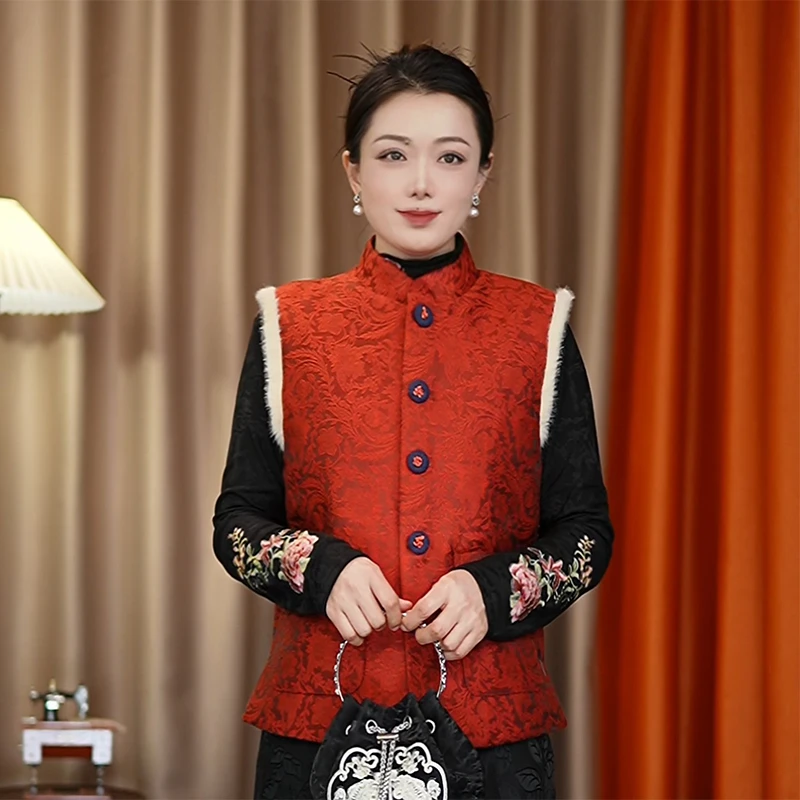 【迎春红】秋冬新中式加棉加厚女马甲中国风女士盘扣保暖马夹外穿