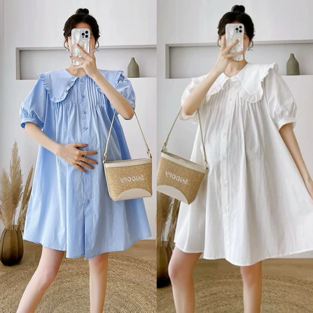 大码孕妇春秋2025年新款时尚韩版娃娃领衬衣连衣裙开扣哺乳衣2516