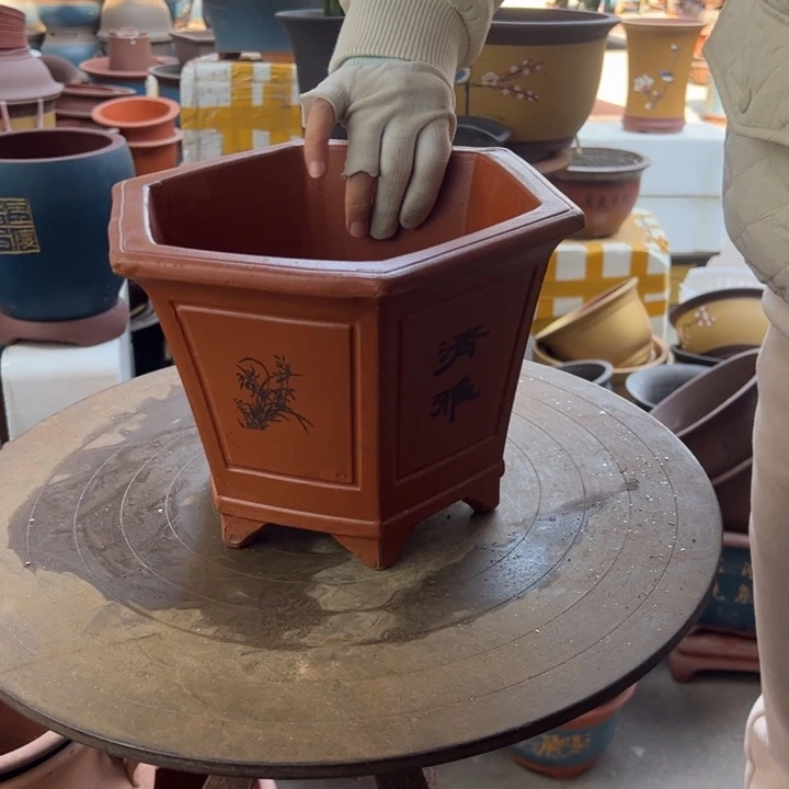 紫砂25清雅红六方 口径25×22×17