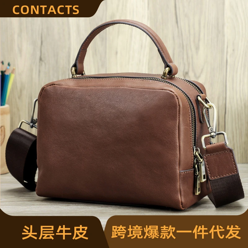 斜挎包耐磨单肩做旧公文包邮差百搭时尚休闲斜跨包跨境真皮棕色