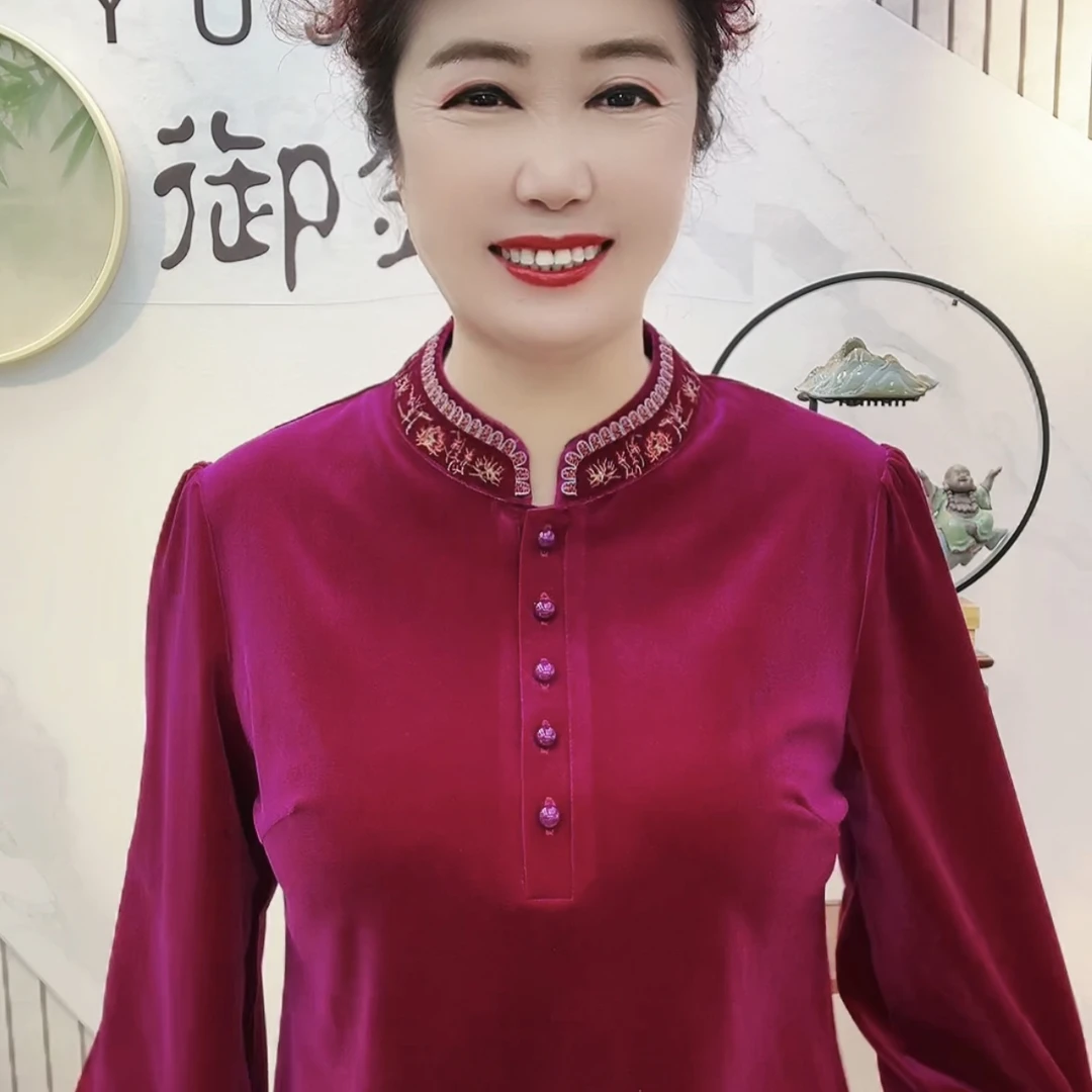 火龙果色/车厘子红/秋香果绿五福临门新版丝绒太太衫中老年妈妈装