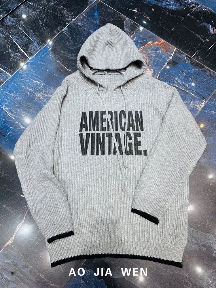 【小羽家】2073字母毛针织卫衣拼色撞色连帽上衣外套