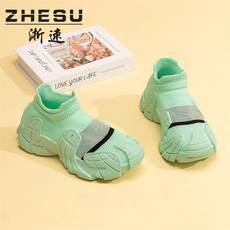 ZHESU/浙速袜子鞋2025新款女休闲鞋厚底夏季透气飞织运动鞋802