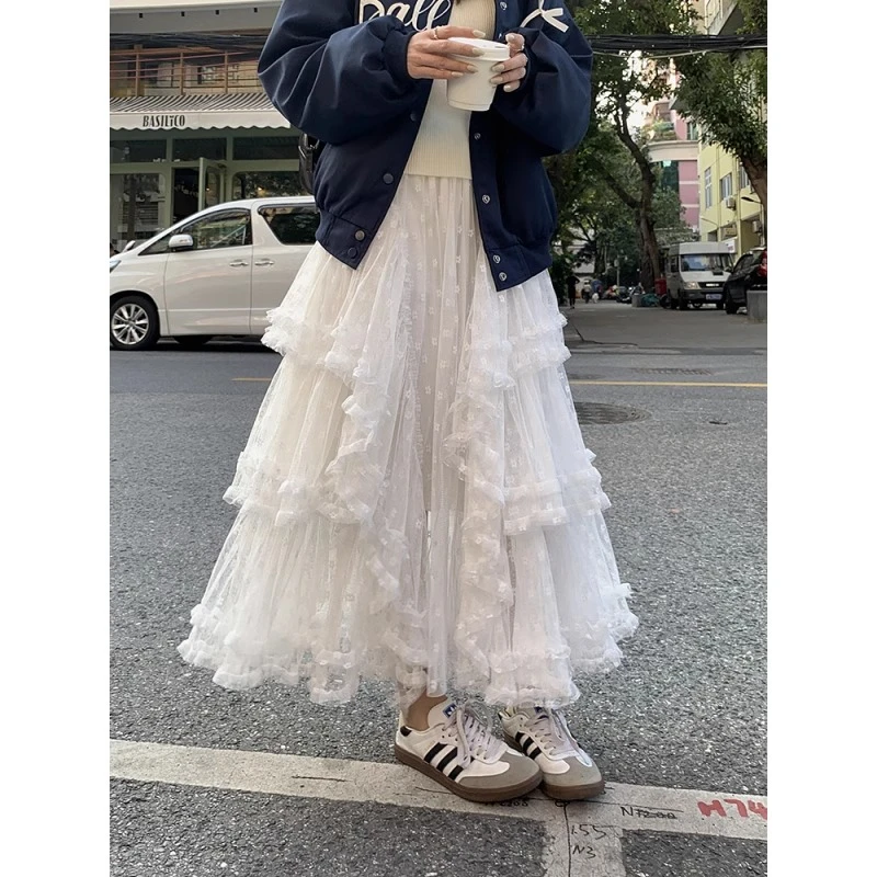 重工不规则设计蕾丝半身裙女高腰遮肉显瘦韩系百搭a字蛋糕网纱裙