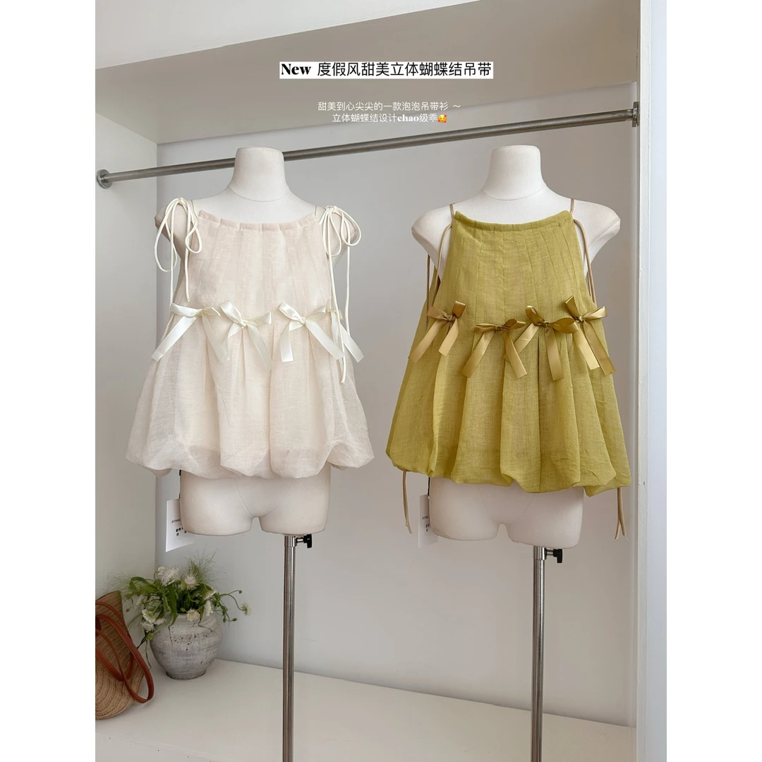 2025新款法式重工背心女款夏季小个子穿搭蝴蝶结无袖蓬蓬衬衫小衫